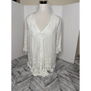 Millau Womens Small Boho Duster Kimono Coverup White Lace and Fringe EUC Stylish